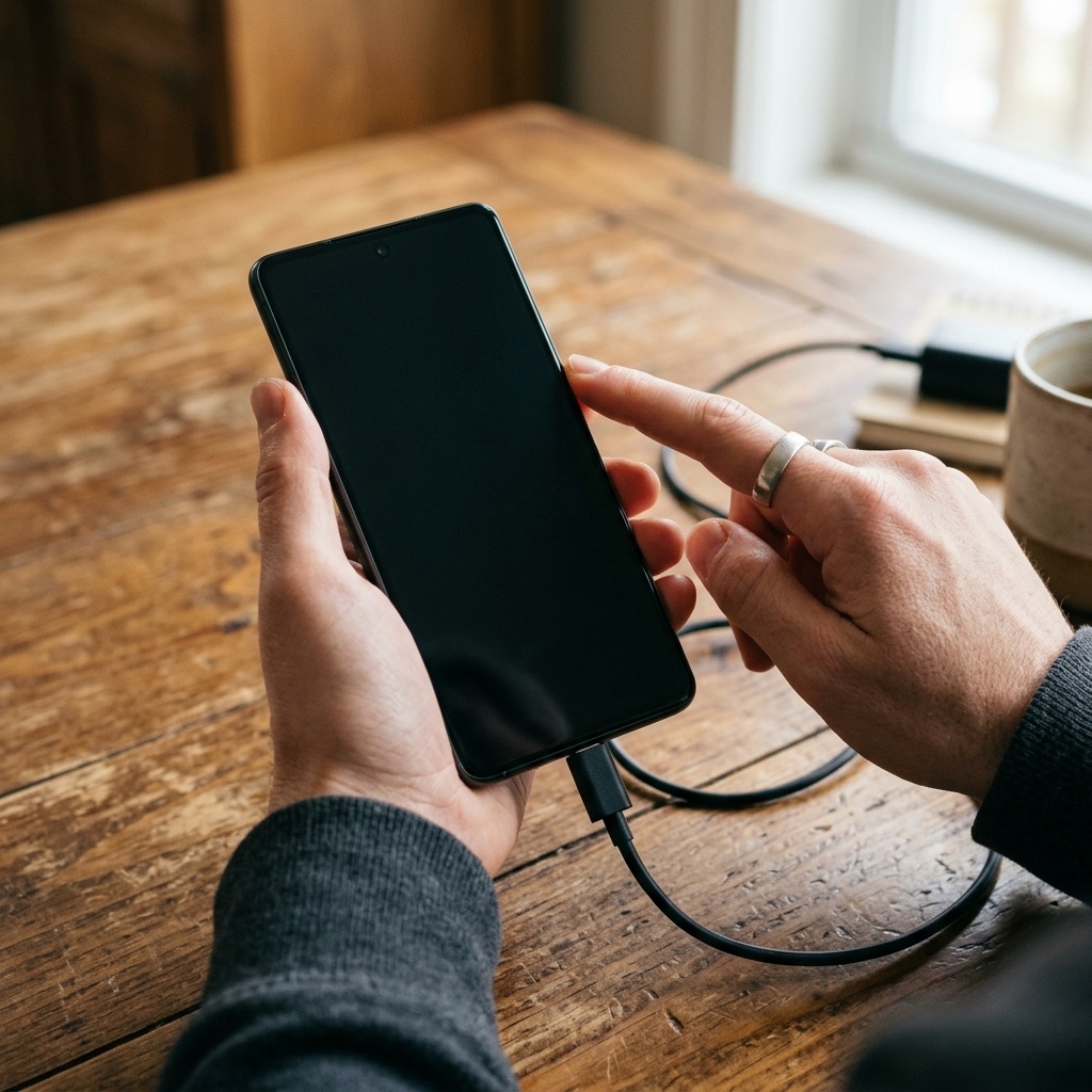 Mano che tiene uno smartphone con schermo nero collegato al caricatore